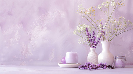 紫色简约文艺浪漫墙面背景花束砖石立体描绘摄影照片