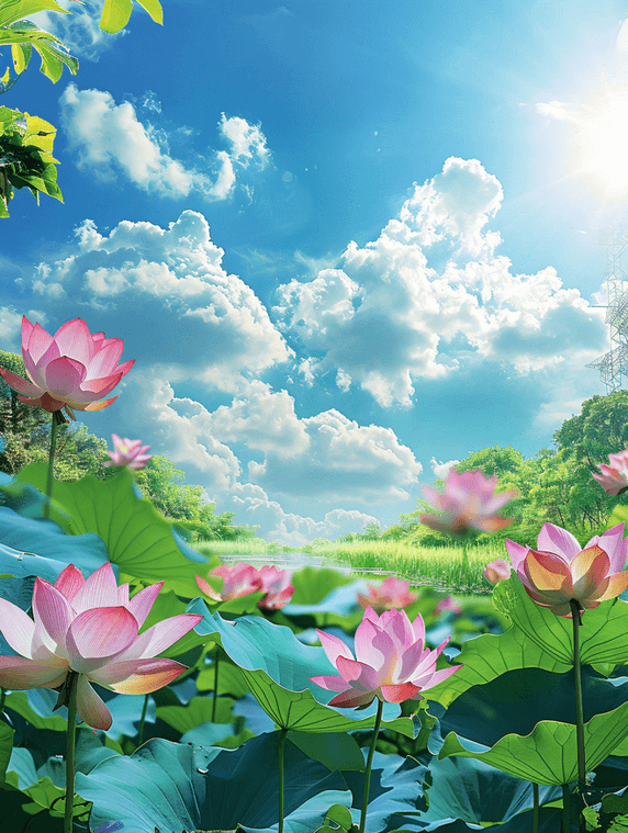 创意阳光明媚荷花池塘夏天夏季花朵植物清新摄影图
