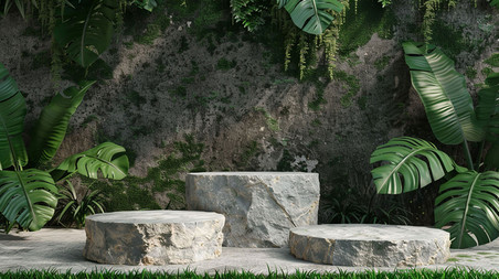 创意绿色春天植物立体展圆石展台合成创意素材背景