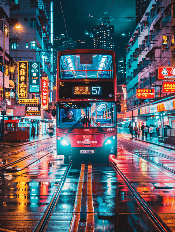 创意美丽香港亚洲赛博朋克双层公交车城市街道
