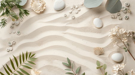 创意鹅卵石夏天美业沙漠沙滩绿叶合成创意素材背景