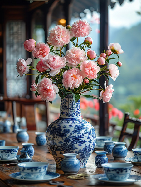 创意青花瓷花瓶粉红色牡丹优雅中国风照片