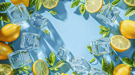 创意柠檬冰块绿叶边框夏天夏季清凉边框背景图