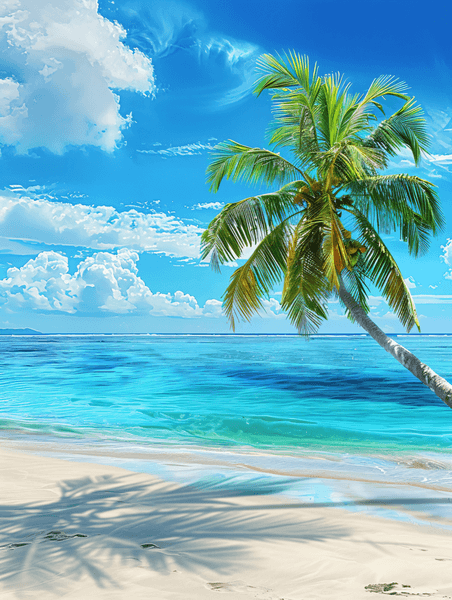 夏天夏季海滩大海旅游旅行沙滩与棕榈树蔚蓝海洋风景