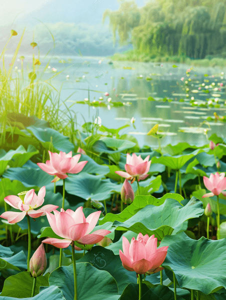 创意夏天夏季花朵植物清新夏日湖畔荷花盛开绿意盎然摄影图