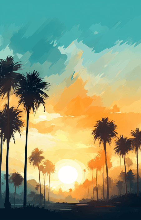 夏天夏季夕阳雨林椰子树海南夏日沙滩创意背景