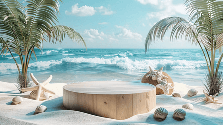 创意夏天夏季展台海滩椰子树大海沙滩素材背景