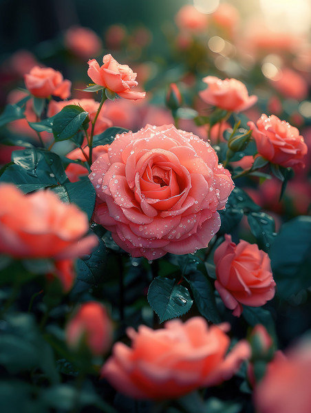 创意植物花朵蔷薇粉红色的玫瑰园春天浪漫