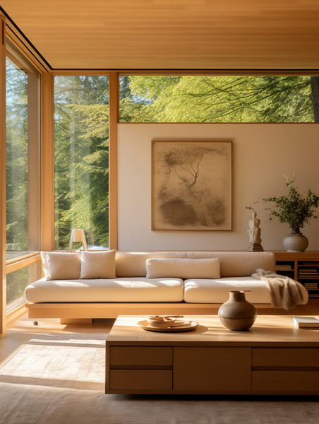 创意现代客厅原木风格高清摄影图