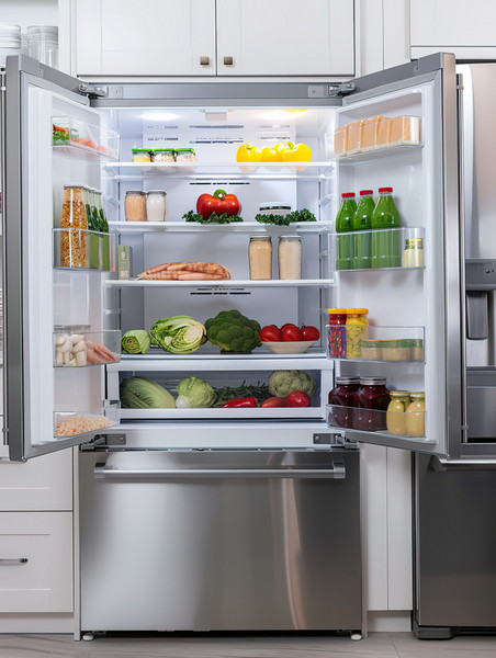 创意现代厨房双开门打开的冰箱摄影照片
