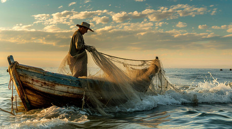 农业捕捞职业人物创意小船渔民描绘摄影照片