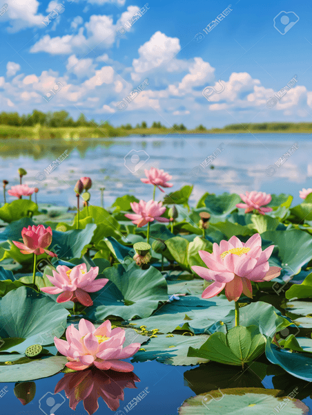 创意夏日夏天夏季花朵植物文艺清新湖畔荷花盛开绿意盎然摄影图