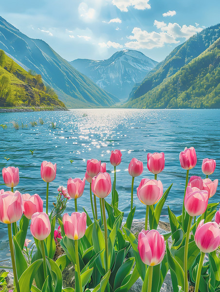 创意青山环绕的湖泊郁金香花春天春季风景开高清摄影图