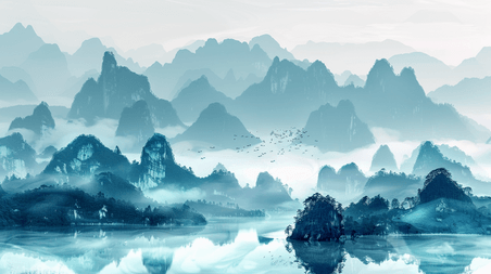 创意桂林中国风水墨简约唯美户外山水风景的插画