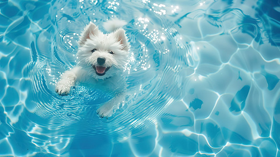 创意蓝色水面宠物动物一只小狗在泳池游泳高清摄影图