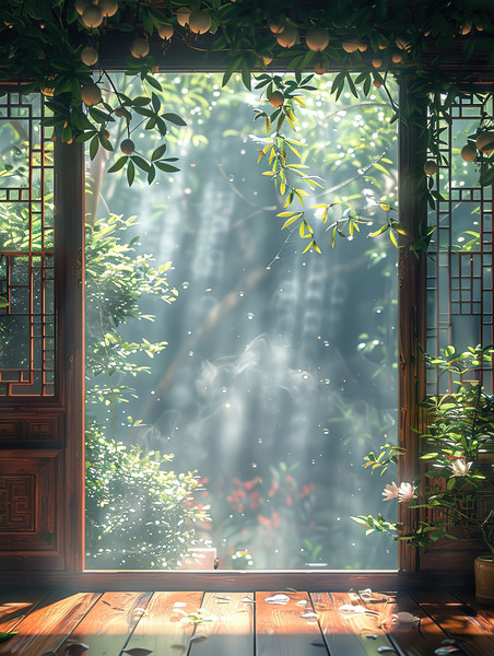 清新春天植物装修大门中式庭院木雕门框高清摄影图