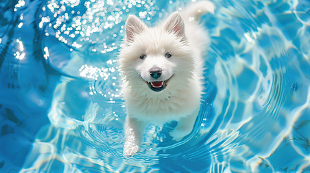 一只小狗在泳池游泳宠物动物萨摩耶摄影配图
