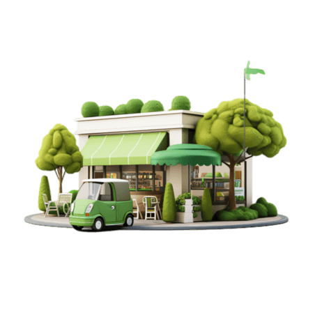 创意绿色商店元素超市建筑城市新能源汽车立体免抠图案