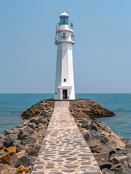 夏天夏季旅游风景创意日照海边灯塔摄影图