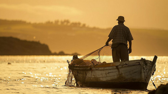 创意小船农业捕捞职业人物渔民描绘摄影照片
