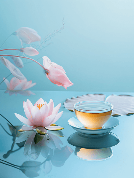 夏天荷花产品商图荷花茶养生茶杯茶水优雅