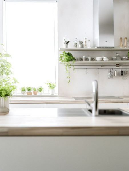 干净明亮桌子产品摄影背景厨房绿植白色色调1