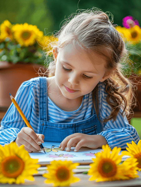 创意儿童节欧美人像向日葵里画画的孩子