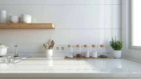 创意白色厨房调料摆放的温馨桌面简约产品展示背景照片