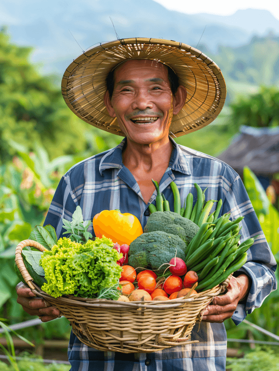 农业农田人物亚洲人兴奋的农民拿着一筐蔬菜