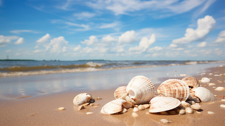 创意夏天夏季大海沙滩贝壳夏季海边蓝色背景