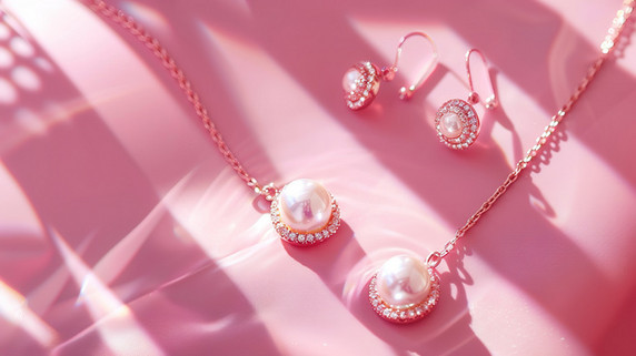 粉色浪漫珠宝珍珠的项链和耳环高清图片