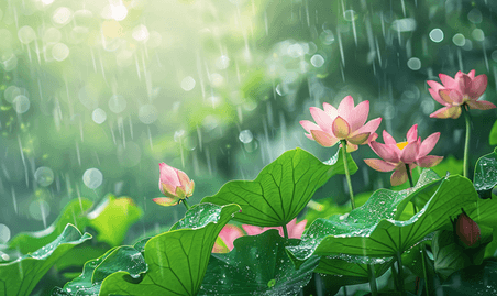 创意夏天荷花荷叶下雨天的植物花朵夏季