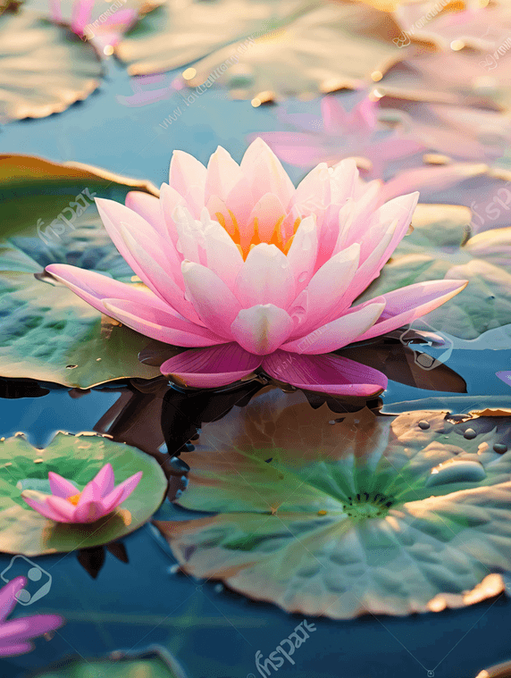 创意池塘里一朵粉红色大荷花夏天夏季花朵植物清新睡莲摄影图