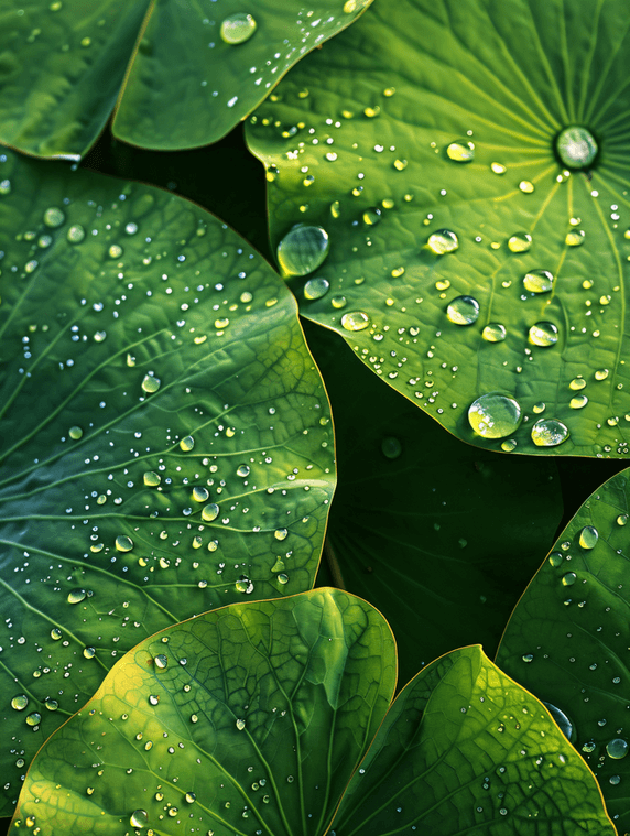 创意夏天荷塘荷叶绿色露水水滴摄影图