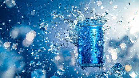 创意冰块汽水描绘摄影夏天夏季清凉蓝色飞溅可乐照片
