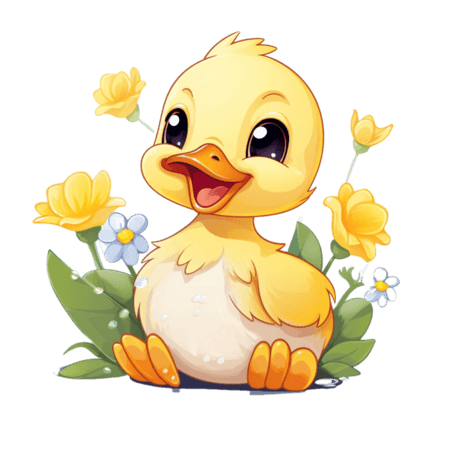 小黄鸭花朵元素卡通动物童话拟人免抠图案