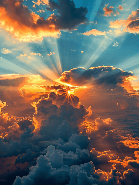 创意落日云朵云彩夕阳云破日出太阳天空摄影图