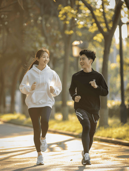 创意亚洲人青年情侣户外慢跑体育运动人物