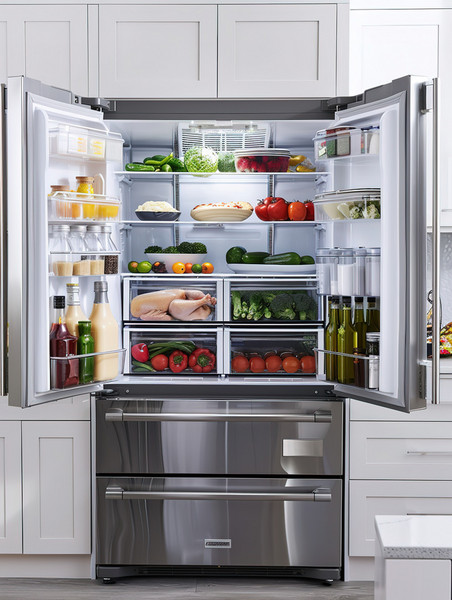 创意现代厨房打开的冰箱双开门摄影配图