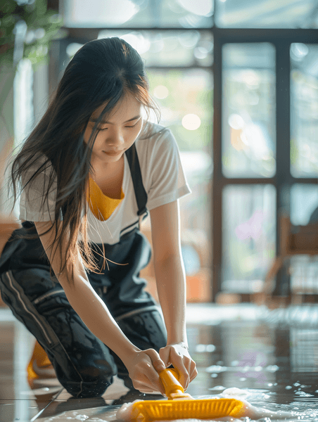创意亚洲人青年女人打扫房间保洁人员