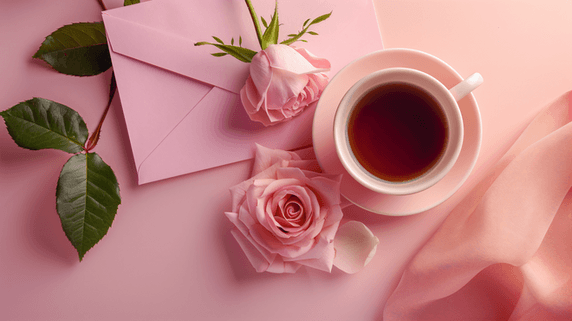 创意文艺清新浪漫唯美粉色信封玫瑰美味咖啡摄影9