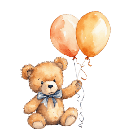 水彩可爱卡通生日小熊气球元素免抠图案