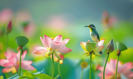 创意夏天夏季花朵植物清新荷花上鸟摄影图