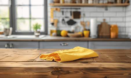创意木桌和黄色餐巾布上厨房木板木质木桌产品展示背景