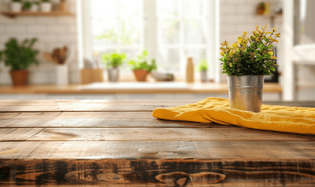 创意木桌和黄色餐巾布上厨房木板木质木桌产品展示背景