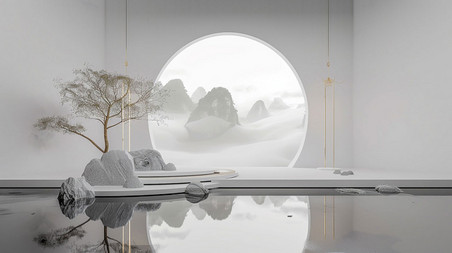 创意古风新中式中国风庭院优雅意境展台合成创意素材背景