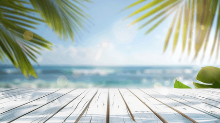 夏天夏季木桌产品展示清新唯美户外风景海水树木木板的背景