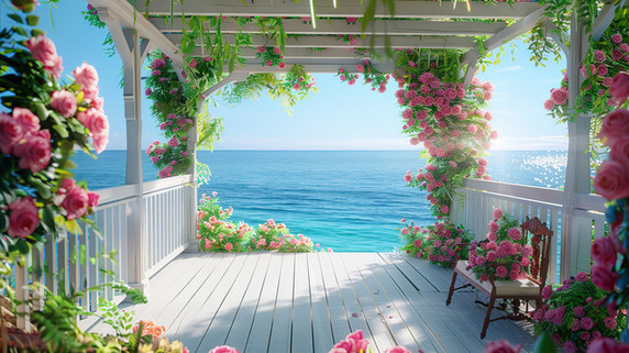 创意唯美海边花朵凉亭的摄影空境窗台海边大海风景云南洱海