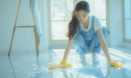 创意亚洲人青年女人擦地板保洁人员