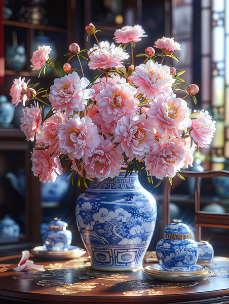 优雅中国风青花瓷花瓶粉红色牡丹高清图片